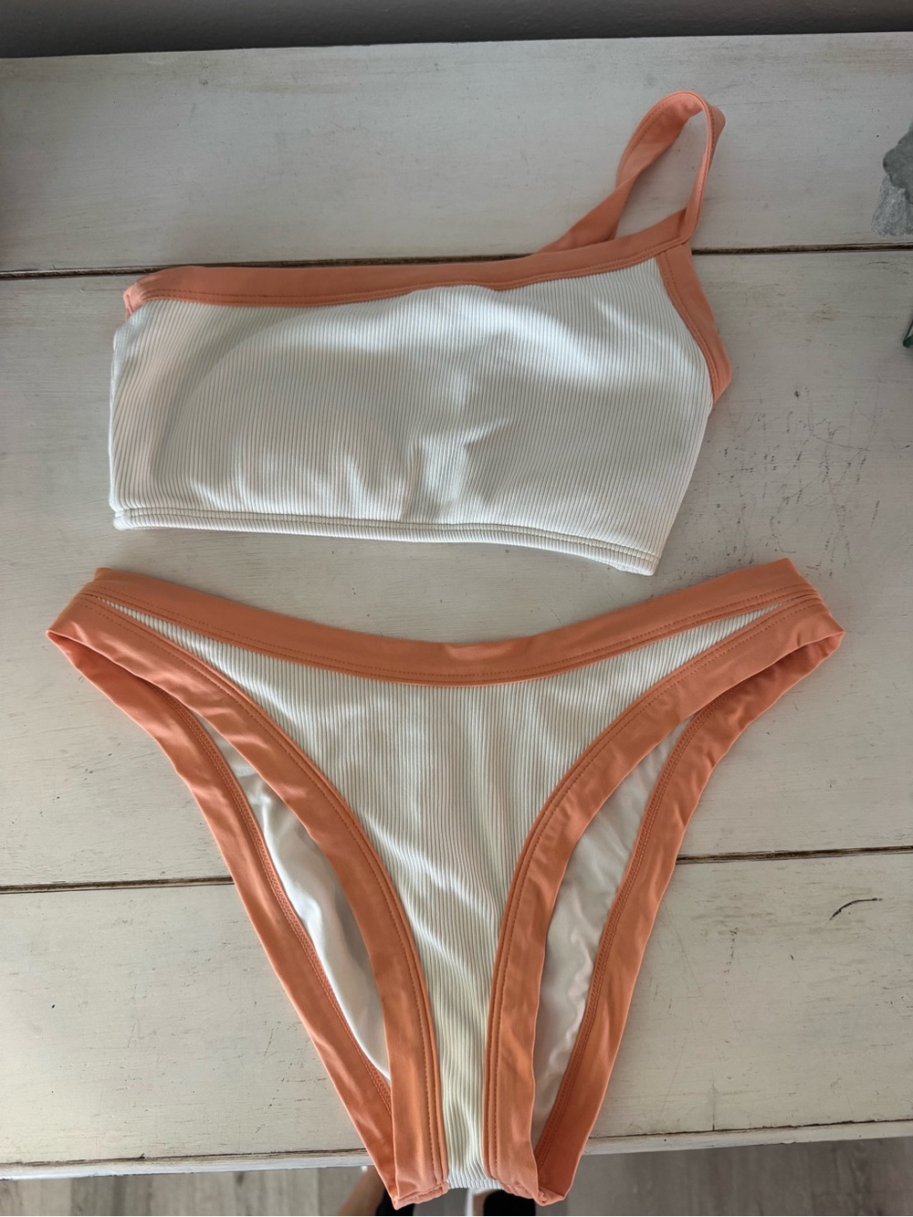 l*space White and Peach Ribbed One-Shoulder Bikini Set